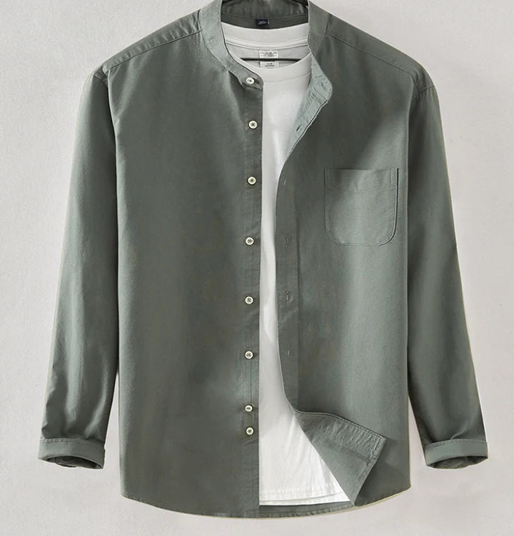 Men's Long Sleeve Band Collar Button Down Shirt - Chest Pocket