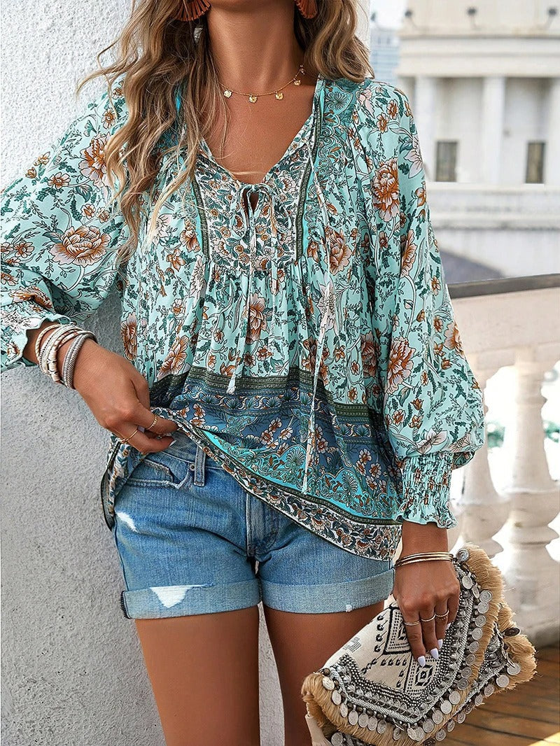 Women's Floral Blouse - V-Neck Tie Front Long Sleeve - Boho Print