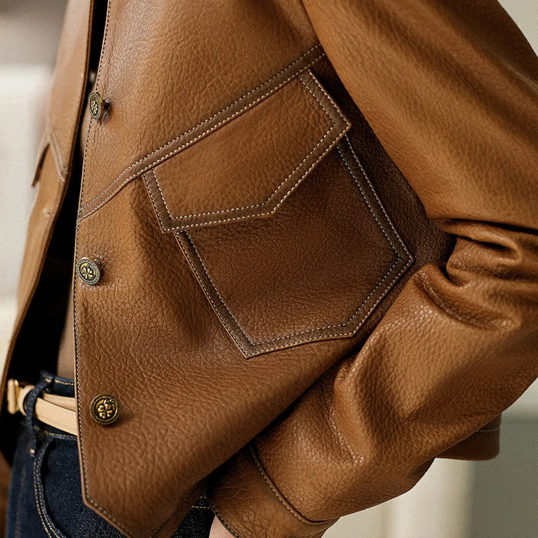 Women's Cropped Jacket - Notch Lapel Button Front Topstitched