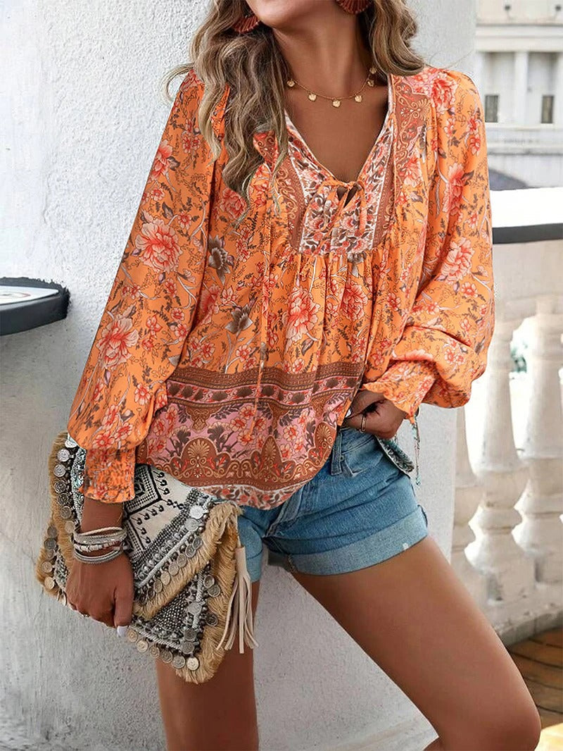 Women's Floral Blouse - V-Neck Tie Front Long Sleeve - Boho Print