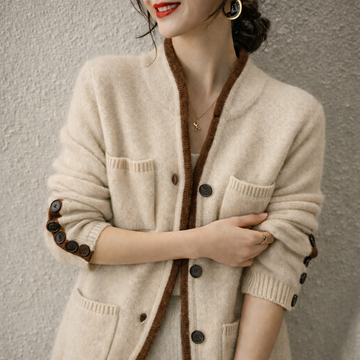 Women’s Button Front Cardigan – Long Sleeve Knit Sweater Coat with Contrast Trim and Patch Pockets