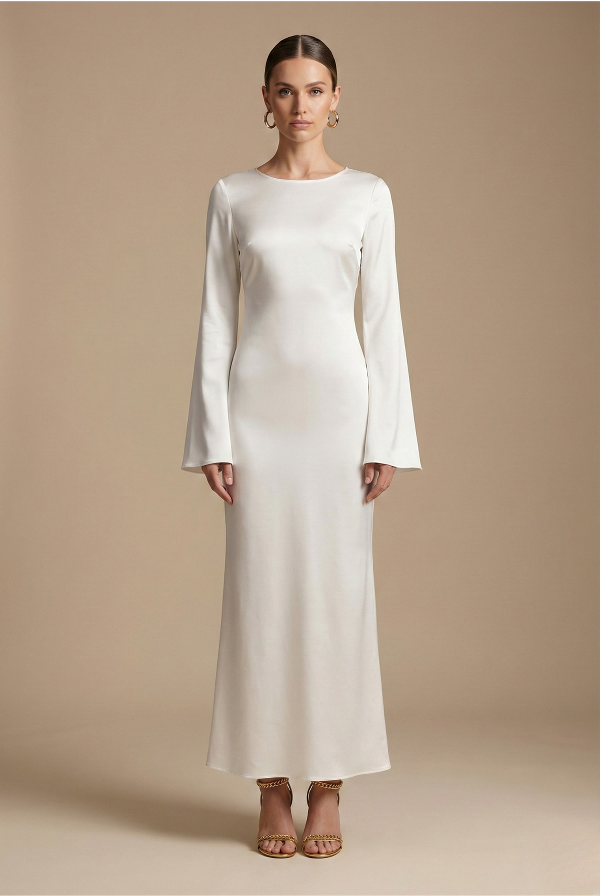 Women's Satin Maxi Dress - Long Flare Sleeve - Side Split