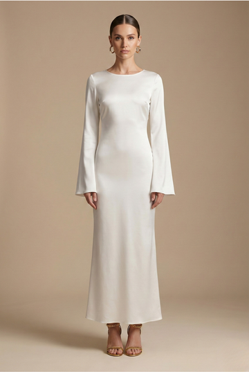 Women's Satin Maxi Dress - Long Flare Sleeve - Side Split