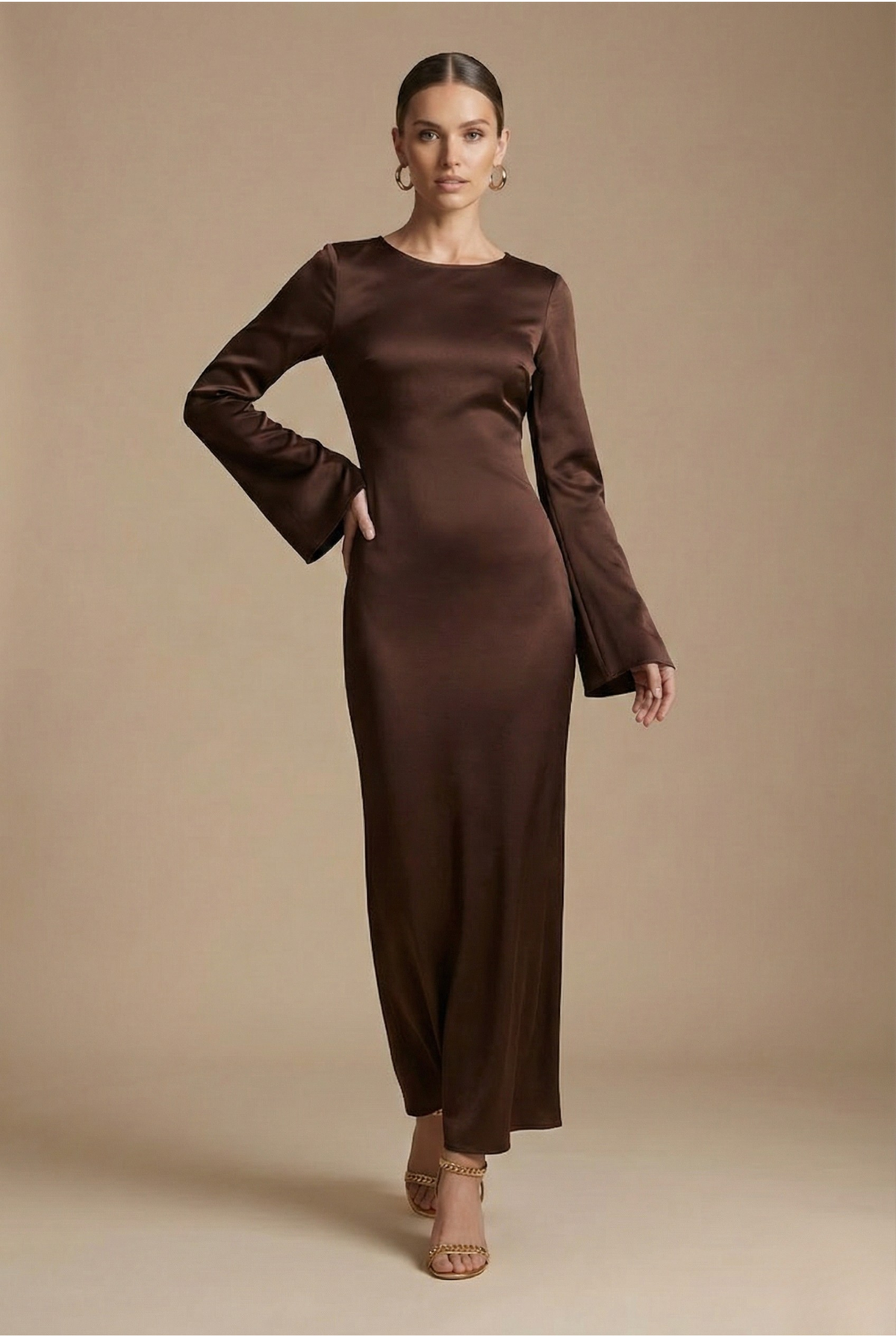 Women's Satin Maxi Dress - Long Flare Sleeve - Side Split