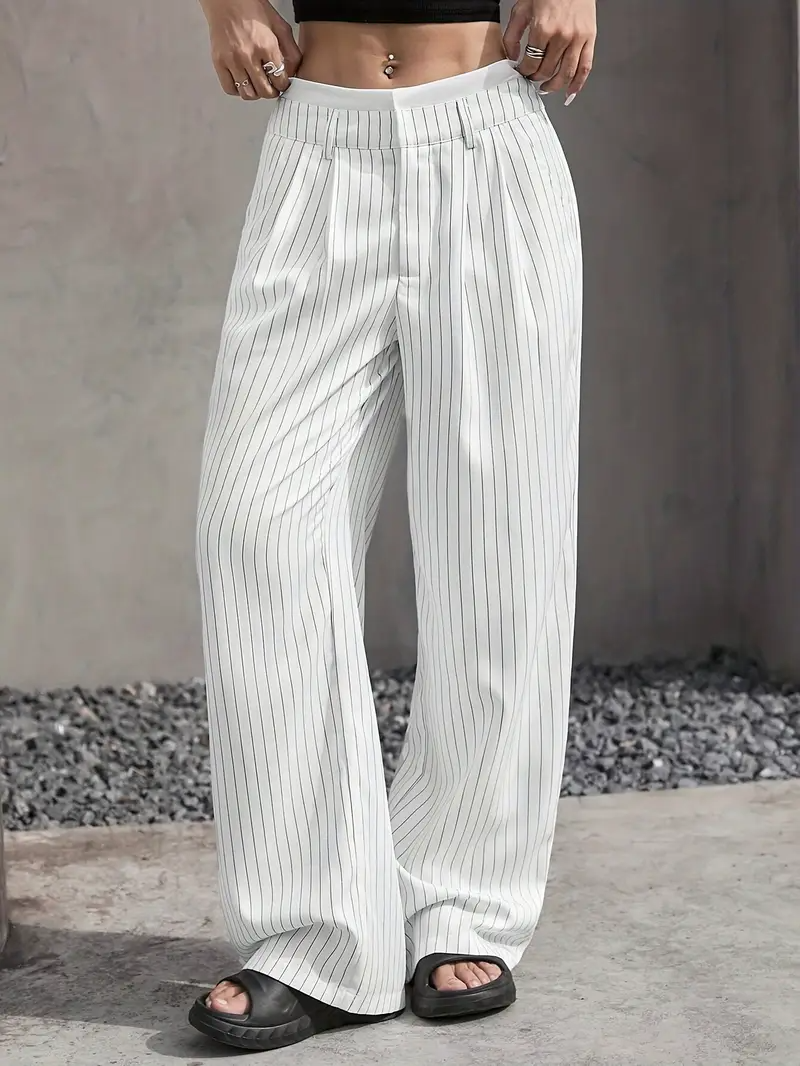 Women's Wide Leg Pinstripe Pants - High Waist - Contrast Waistband
