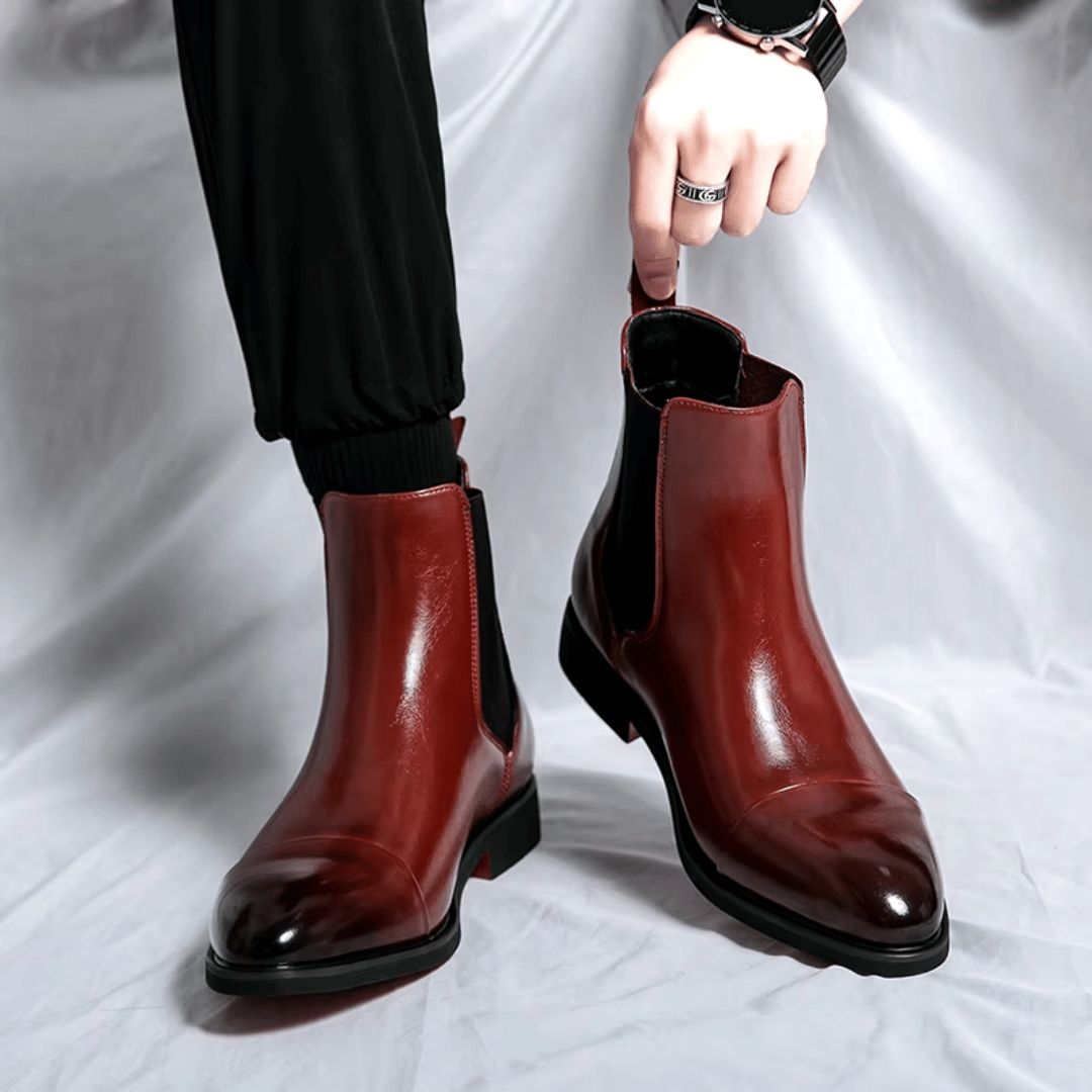 Men's Chelsea Boots - Slip-On Cap Toe with Elastic Side Panel - Low Heel and Contrast Sole