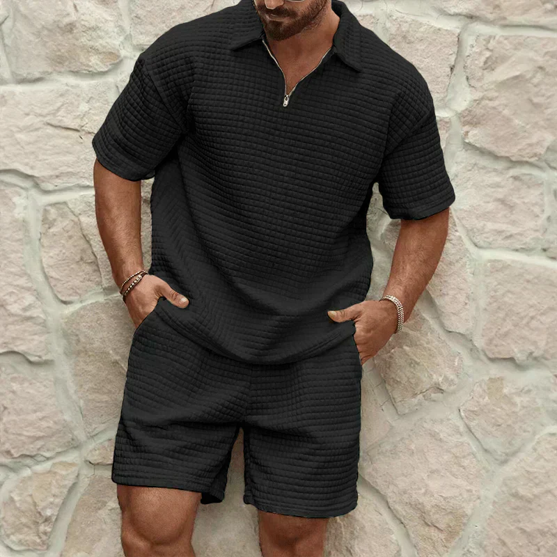 Men's Waffle Knit Half-Zip Polo Short Set - Two Piece