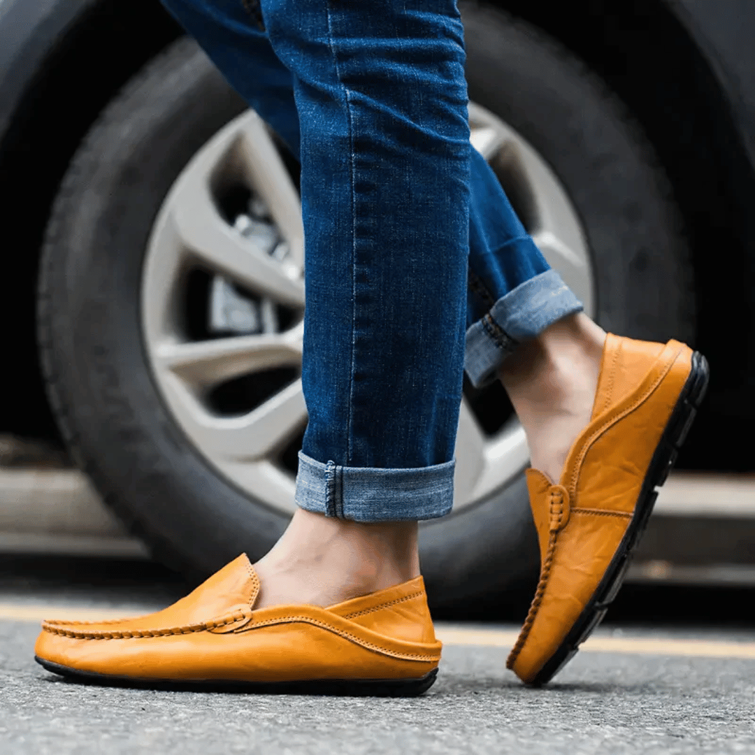 Men's Leather Penny Loafers - Slip On - Decorative Stitching