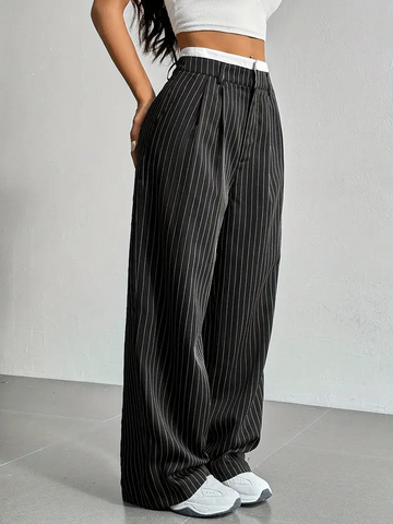 Women's Wide Leg Pinstripe Pants - High Waist - Contrast Waistband