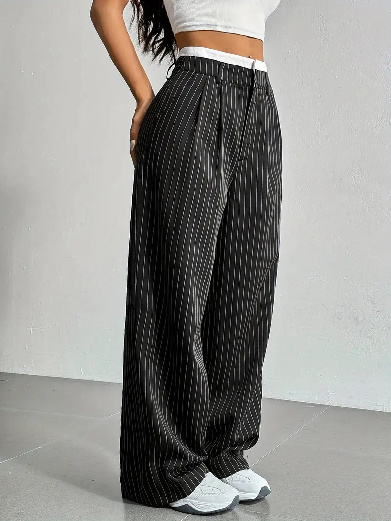 Women's Wide Leg Pinstripe Pants - High Waist - Contrast Waistband