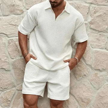 Men's Waffle Knit Half-Zip Polo Short Set - Two Piece
