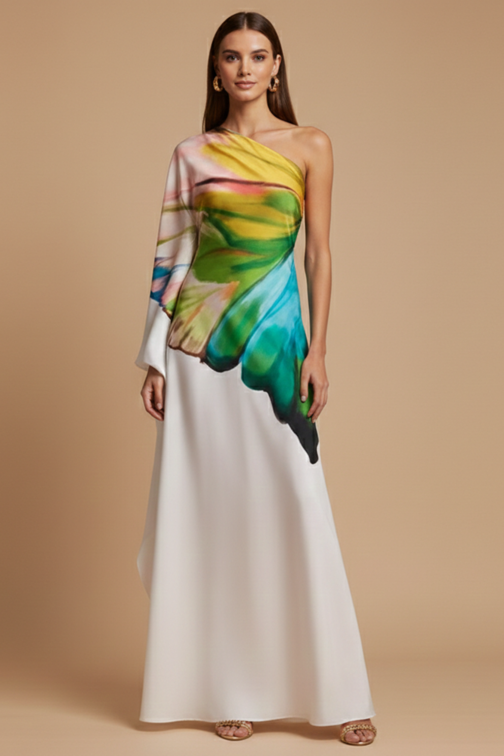 Women's One Shoulder Abstract Print Maxi Dress - Single Sleeve