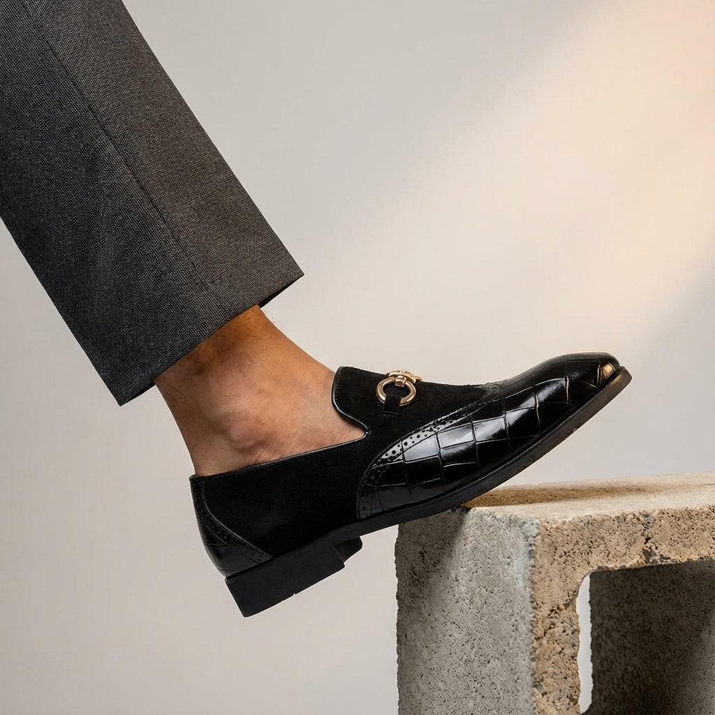 Men's Loafers - Slip On Dress Shoes with Brogue Detail - Metal Horsebit Buckle