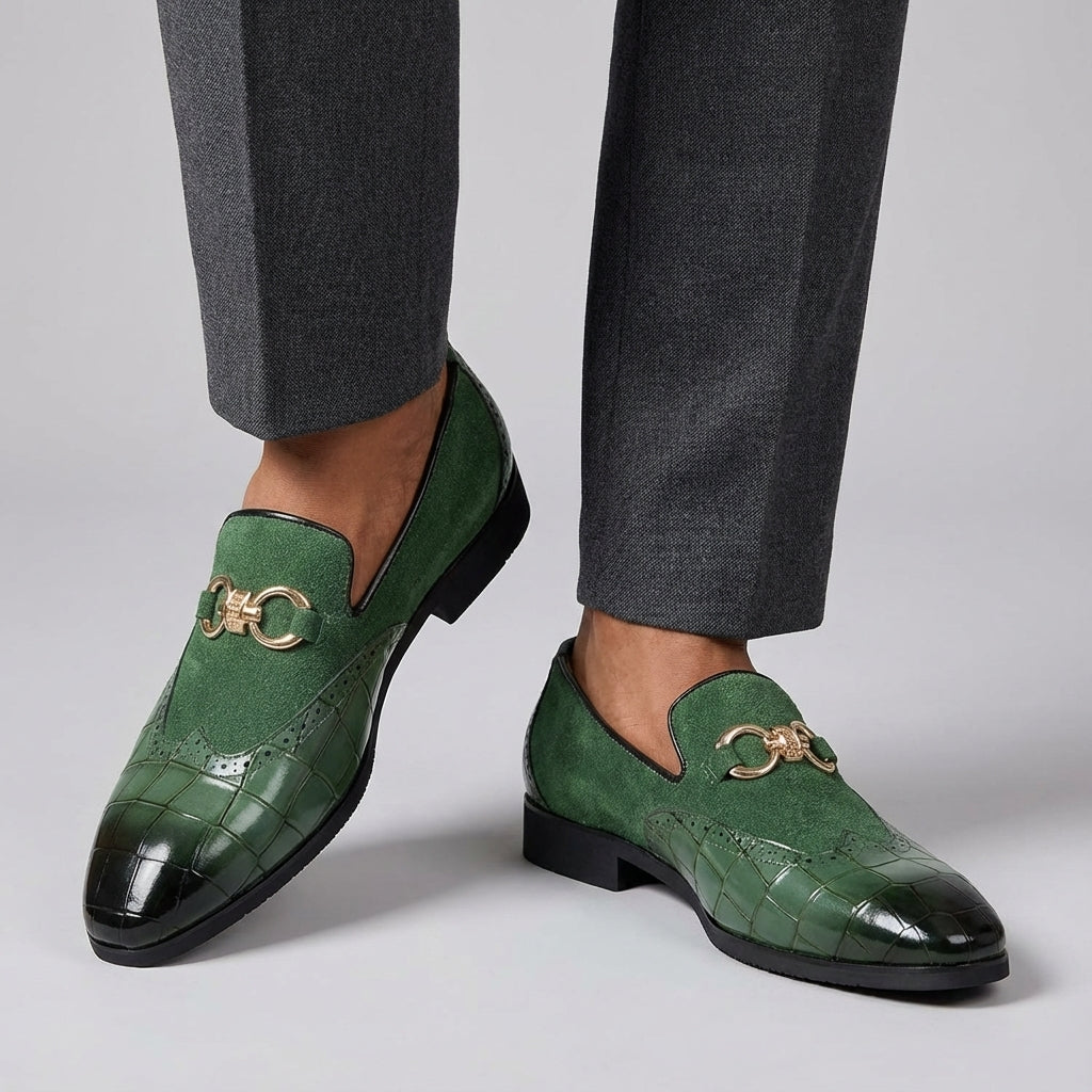 Men's Loafers - Slip On Dress Shoes with Brogue Detail - Metal Horsebit Buckle