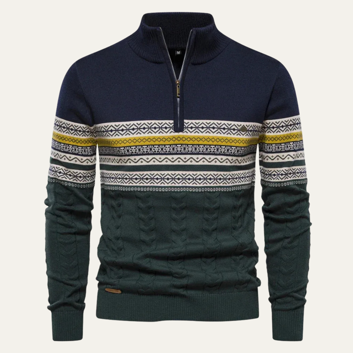 Men's Quarter Zip Jumper - Fair Isle Stripe Panel with Cable Knit Body and Mock Collar