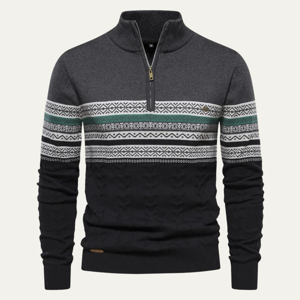 Men's Quarter Zip Jumper - Fair Isle Stripe Panel with Cable Knit Body and Mock Collar