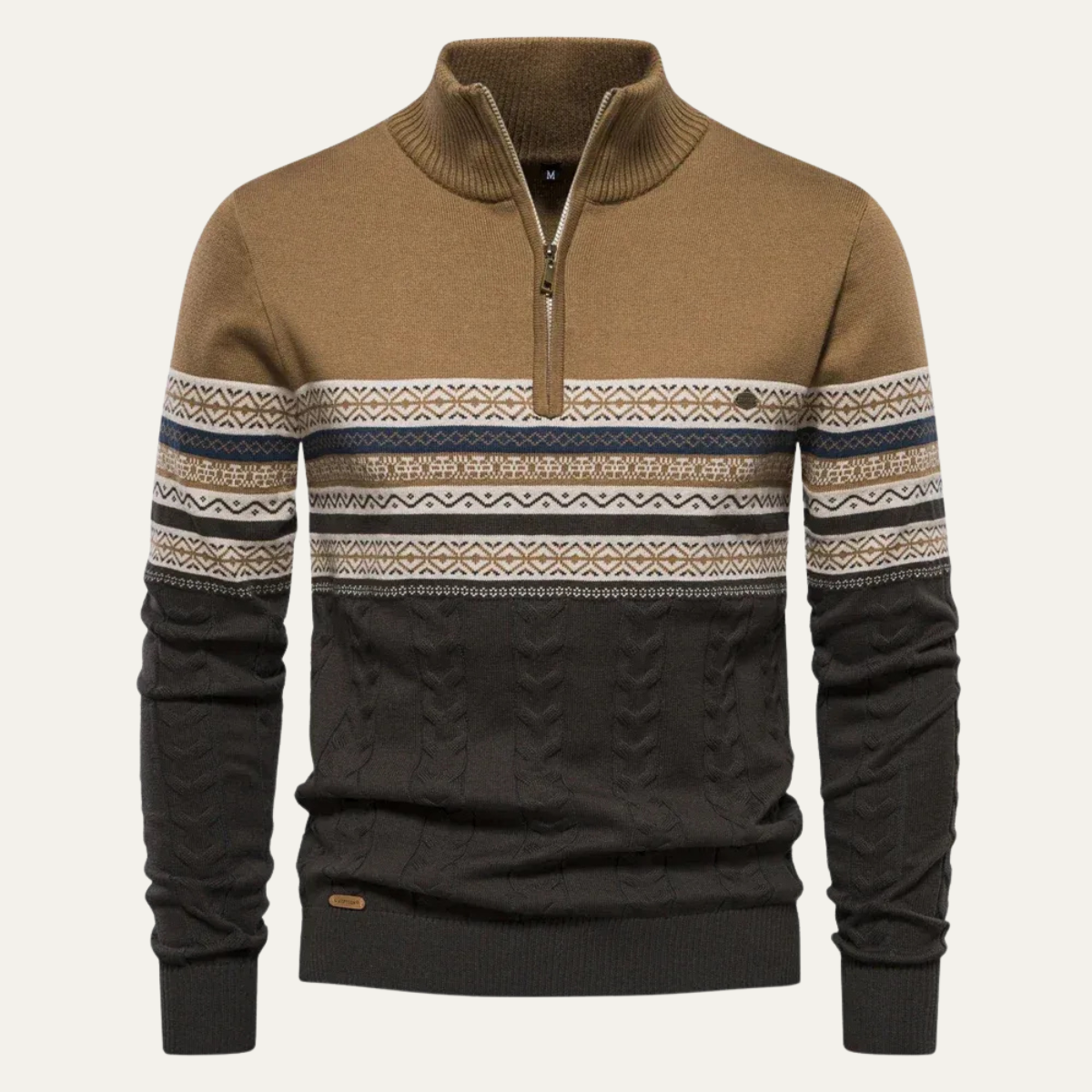Men's Quarter Zip Jumper - Fair Isle Stripe Panel with Cable Knit Body and Mock Collar