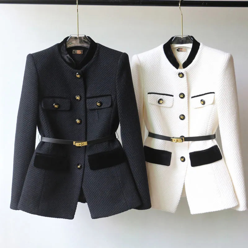 Women’s Textured Military Style Blazer - Stand Collar Button Front Jacket with Belt
