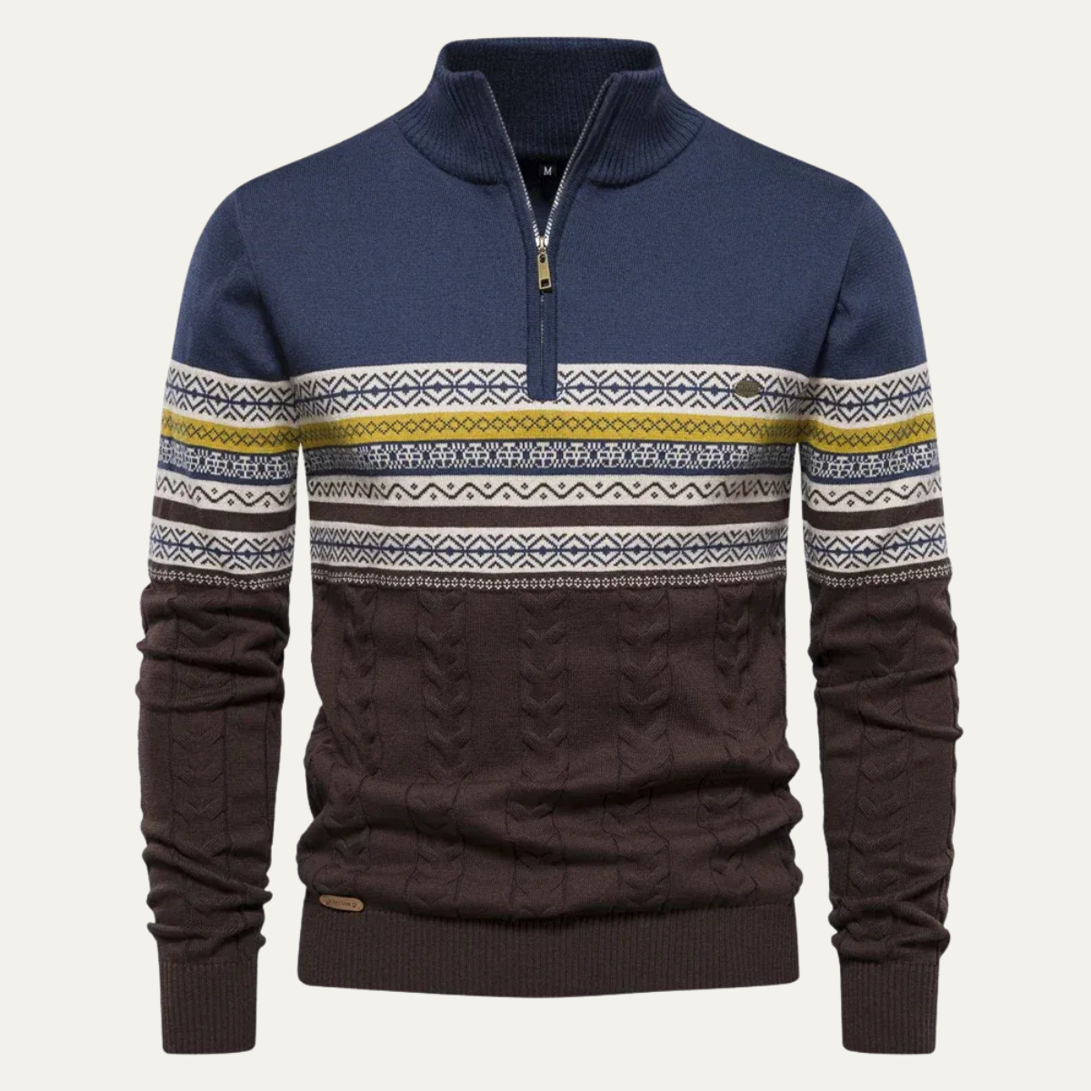 Men's Quarter Zip Jumper - Fair Isle Stripe Panel with Cable Knit Body and Mock Collar