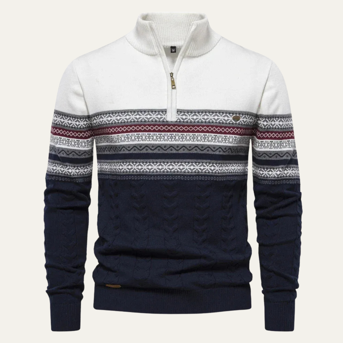 Men's Quarter Zip Jumper - Fair Isle Stripe Panel with Cable Knit Body and Mock Collar