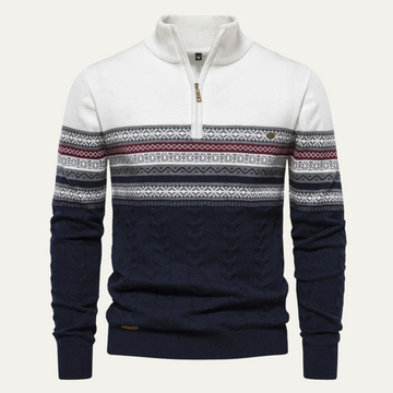 Men's Quarter Zip Jumper - Fair Isle Stripe Panel with Cable Knit Body and Mock Collar