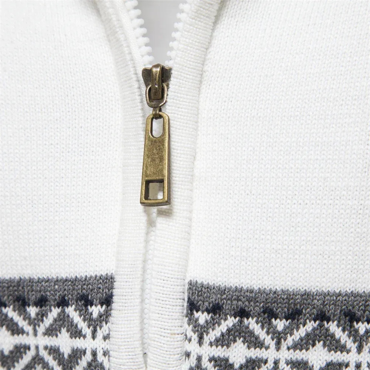 Men's Quarter Zip Jumper - Fair Isle Stripe Panel with Cable Knit Body and Mock Collar