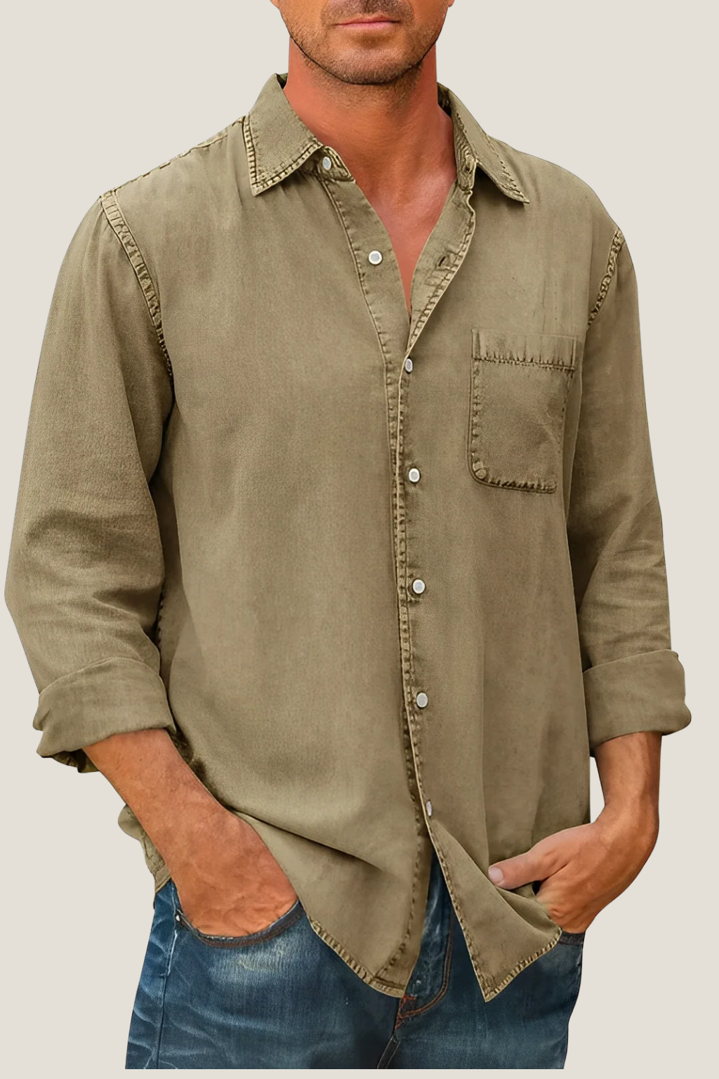 Men’s Casual Button-Up Shirt – Relaxed Fit Long Sleeve with Chest Pocket