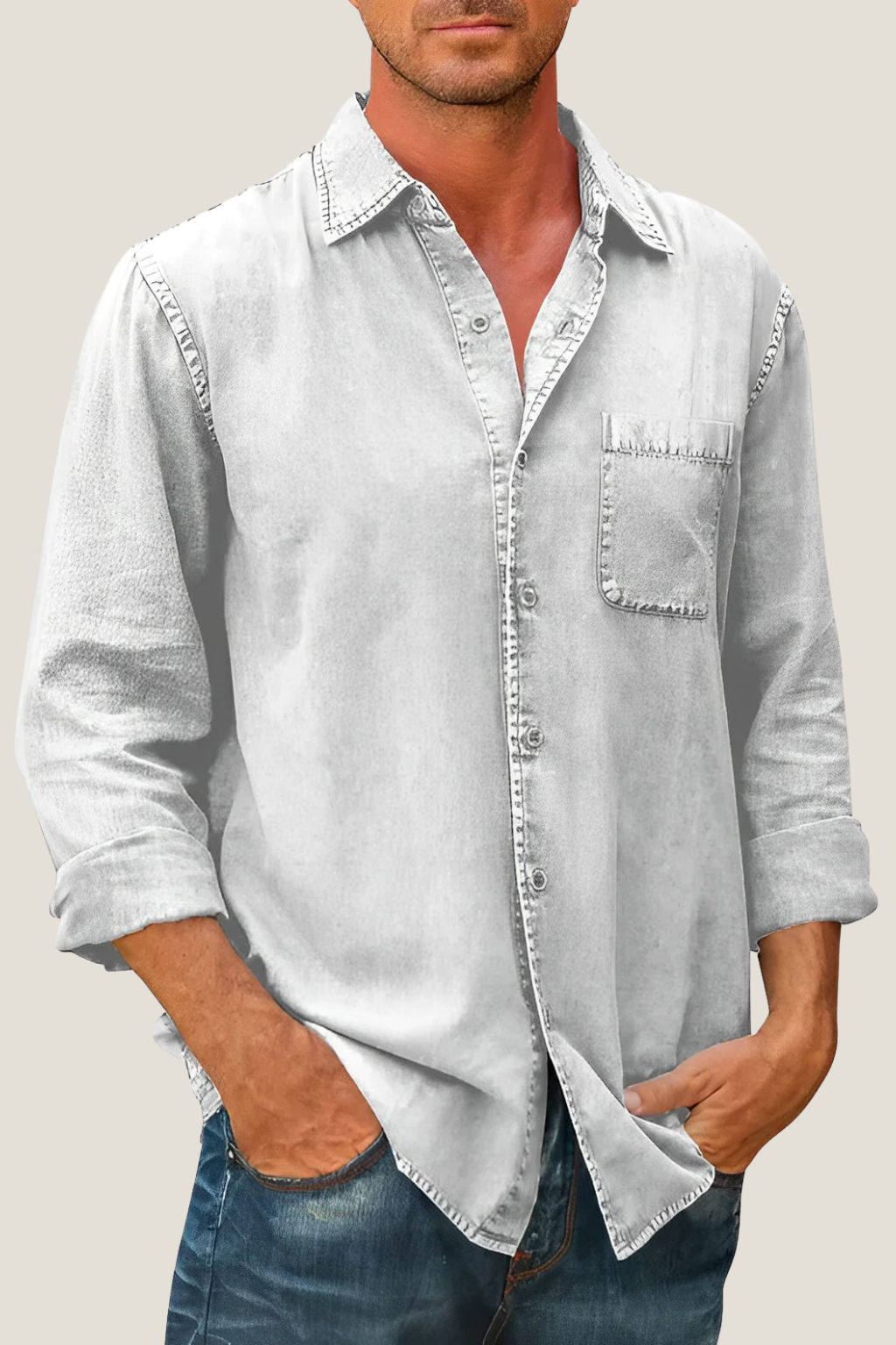 Men’s Casual Button-Up Shirt – Relaxed Fit Long Sleeve with Chest Pocket