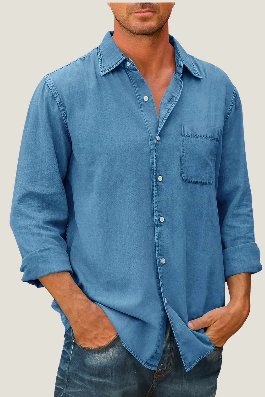 Men’s Casual Button-Up Shirt – Relaxed Fit Long Sleeve with Chest Pocket