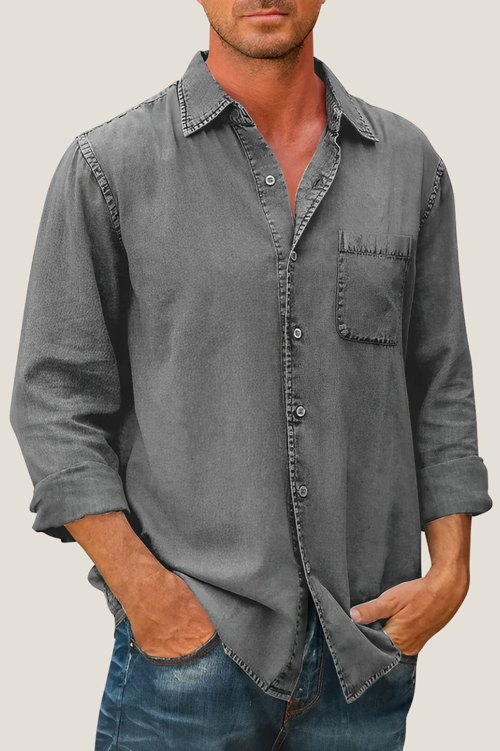 Men’s Casual Button-Up Shirt – Relaxed Fit Long Sleeve with Chest Pocket