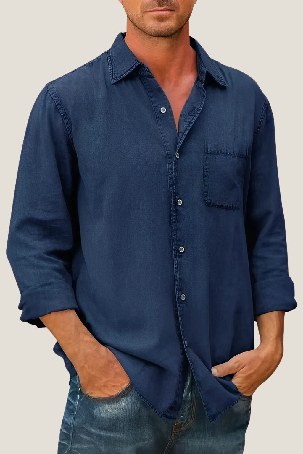 Men’s Casual Button-Up Shirt – Relaxed Fit Long Sleeve with Chest Pocket
