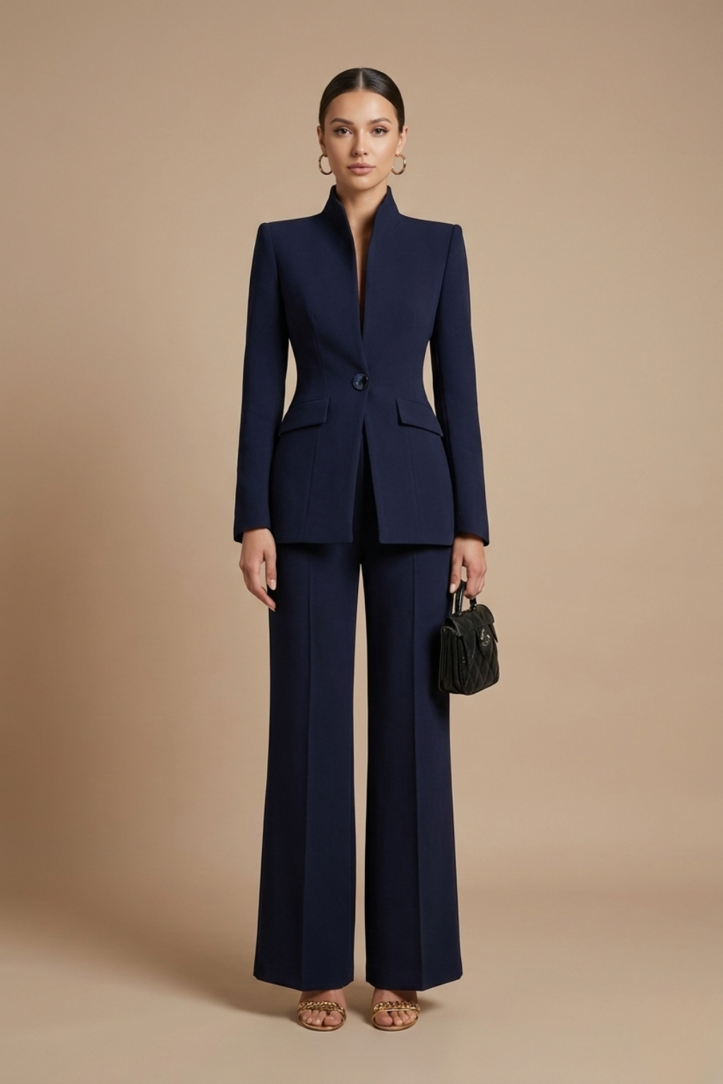 Women's Tailored Two Piece Pant Suit - Stand Collar Blazer