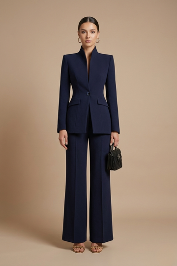 Women's Tailored Two Piece Pant Suit - Stand Collar Blazer
