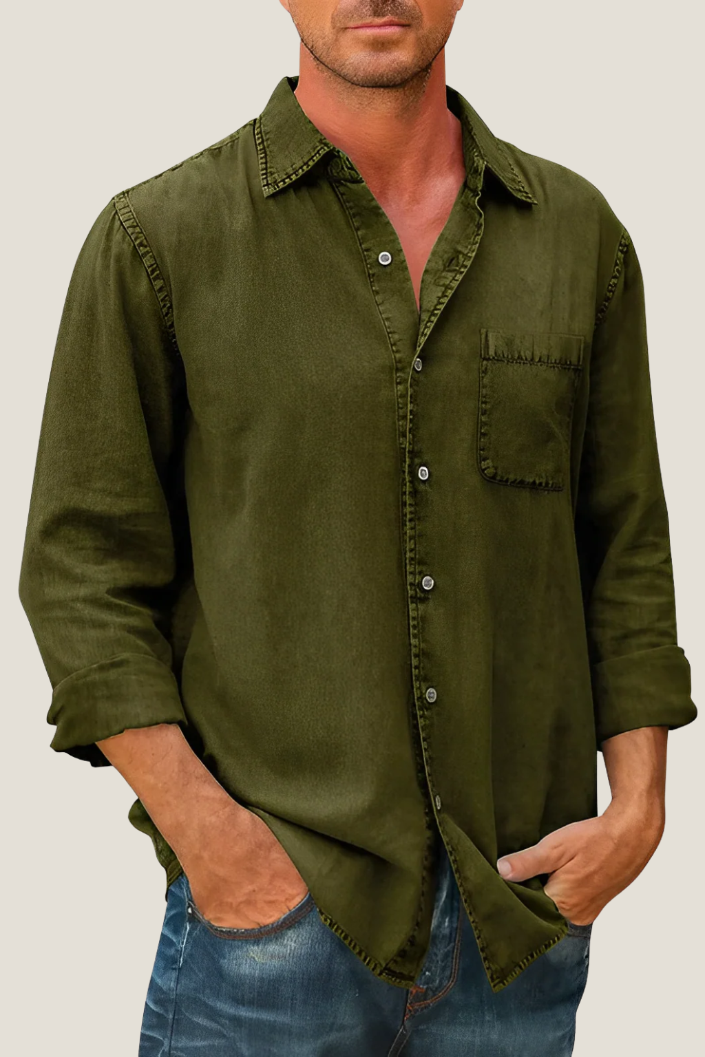 Men’s Casual Button-Up Shirt – Relaxed Fit Long Sleeve with Chest Pocket