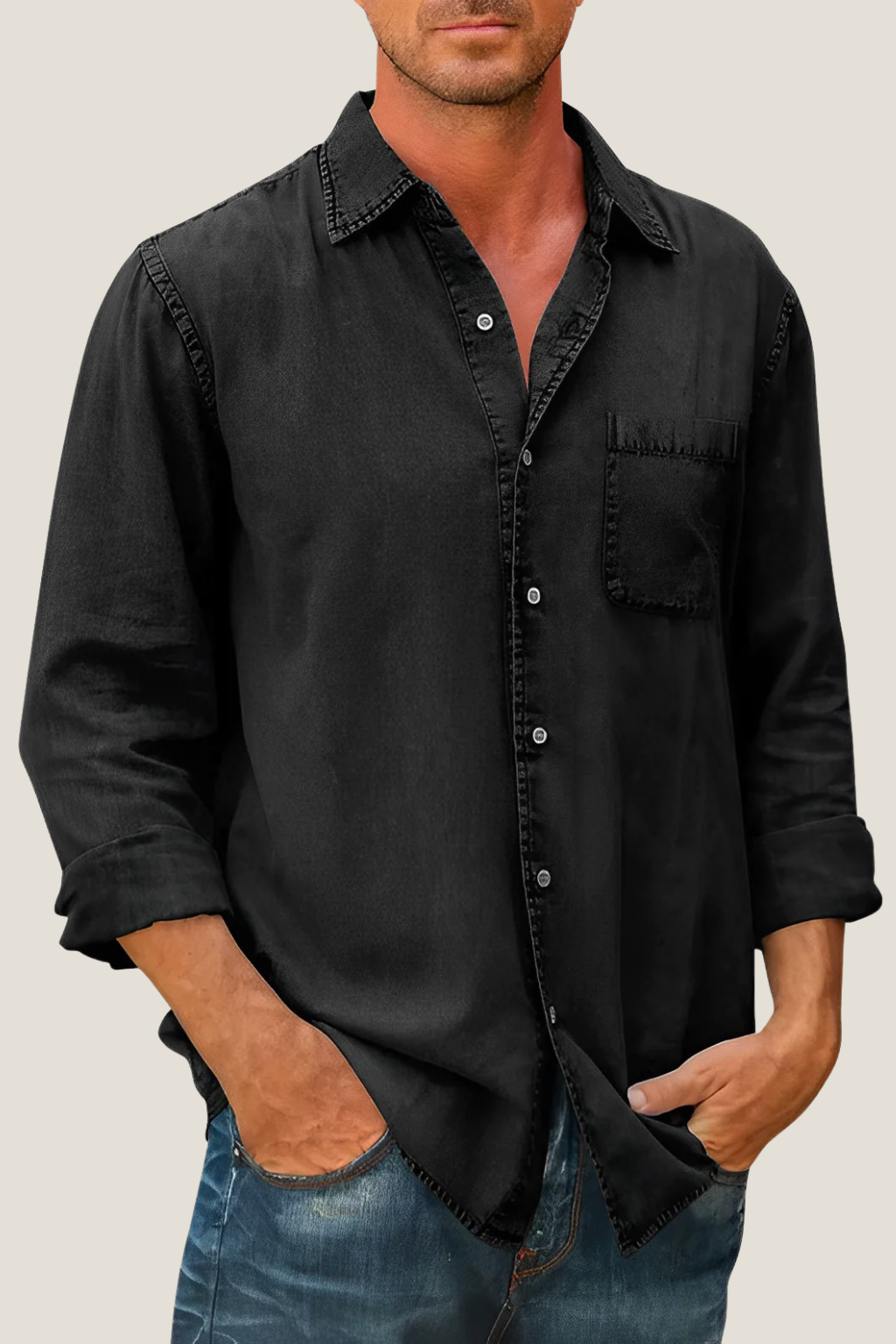 Men’s Casual Button-Up Shirt – Relaxed Fit Long Sleeve with Chest Pocket