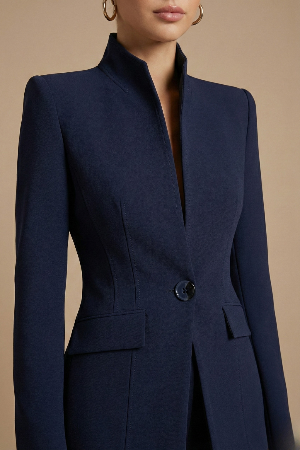 Women's Tailored Two Piece Pant Suit - Stand Collar Blazer