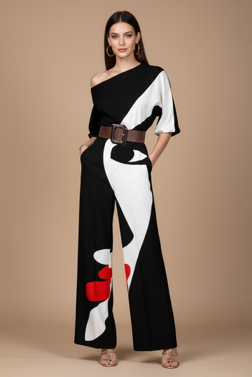 Women’s Dressy Jumpsuit Women – One Shoulder Wide Leg High Waist Jumpsuit with Abstract Print