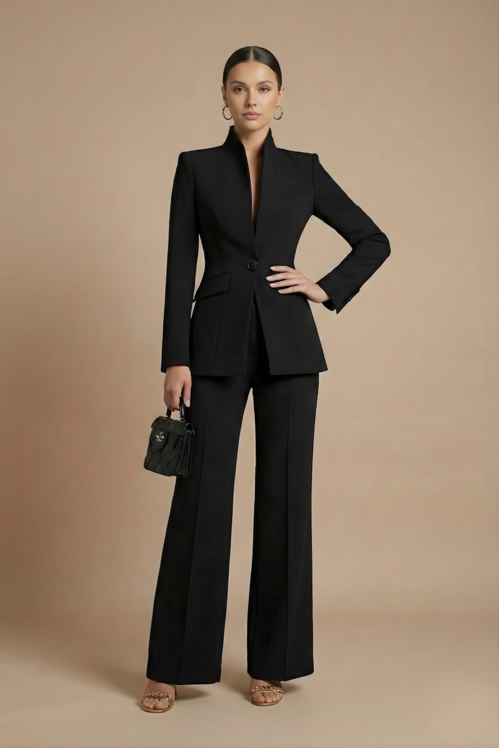 Women's Tailored Two Piece Pant Suit - Stand Collar Blazer