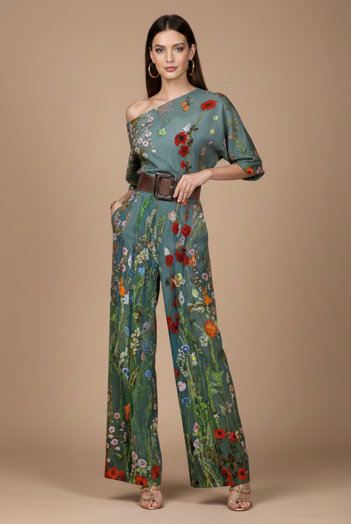 Women’s Dressy Jumpsuit Women – One Shoulder Wide Leg High Waist Jumpsuit with Abstract Print