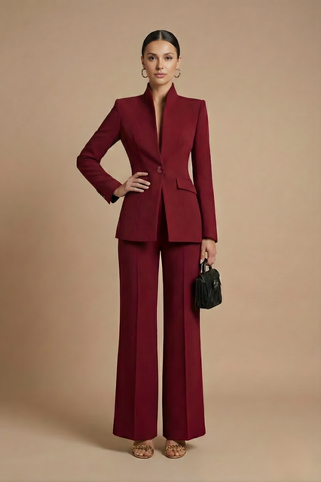 Women's Tailored Two Piece Pant Suit - Stand Collar Blazer