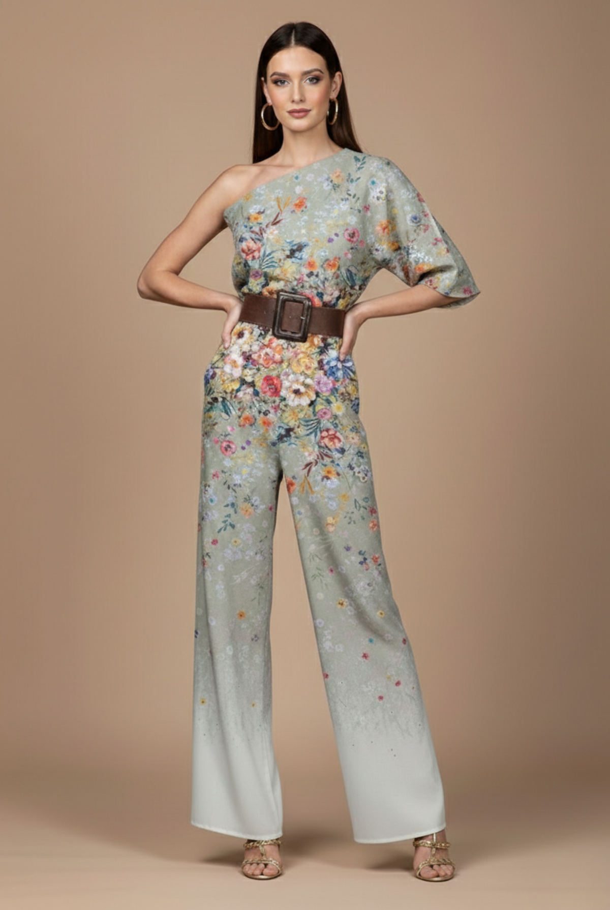 Women’s Dressy Jumpsuit Women – One Shoulder Wide Leg High Waist Jumpsuit with Abstract Print