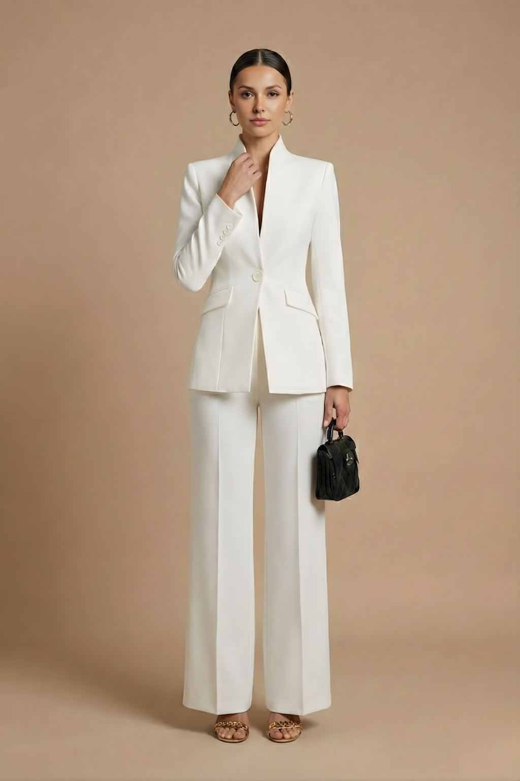 Women's Tailored Two Piece Pant Suit - Stand Collar Blazer