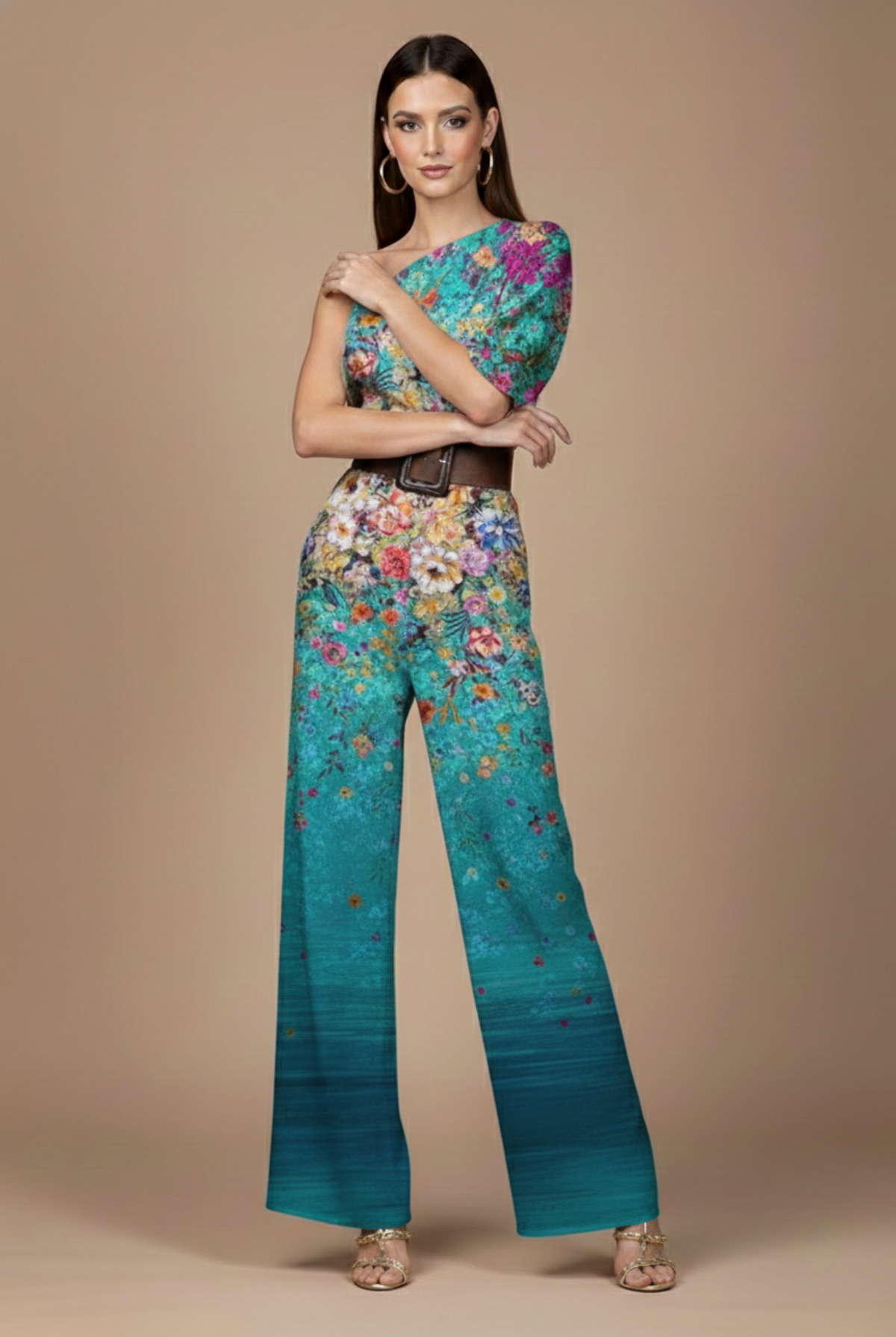 Women’s Dressy Jumpsuit Women – One Shoulder Wide Leg High Waist Jumpsuit with Abstract Print