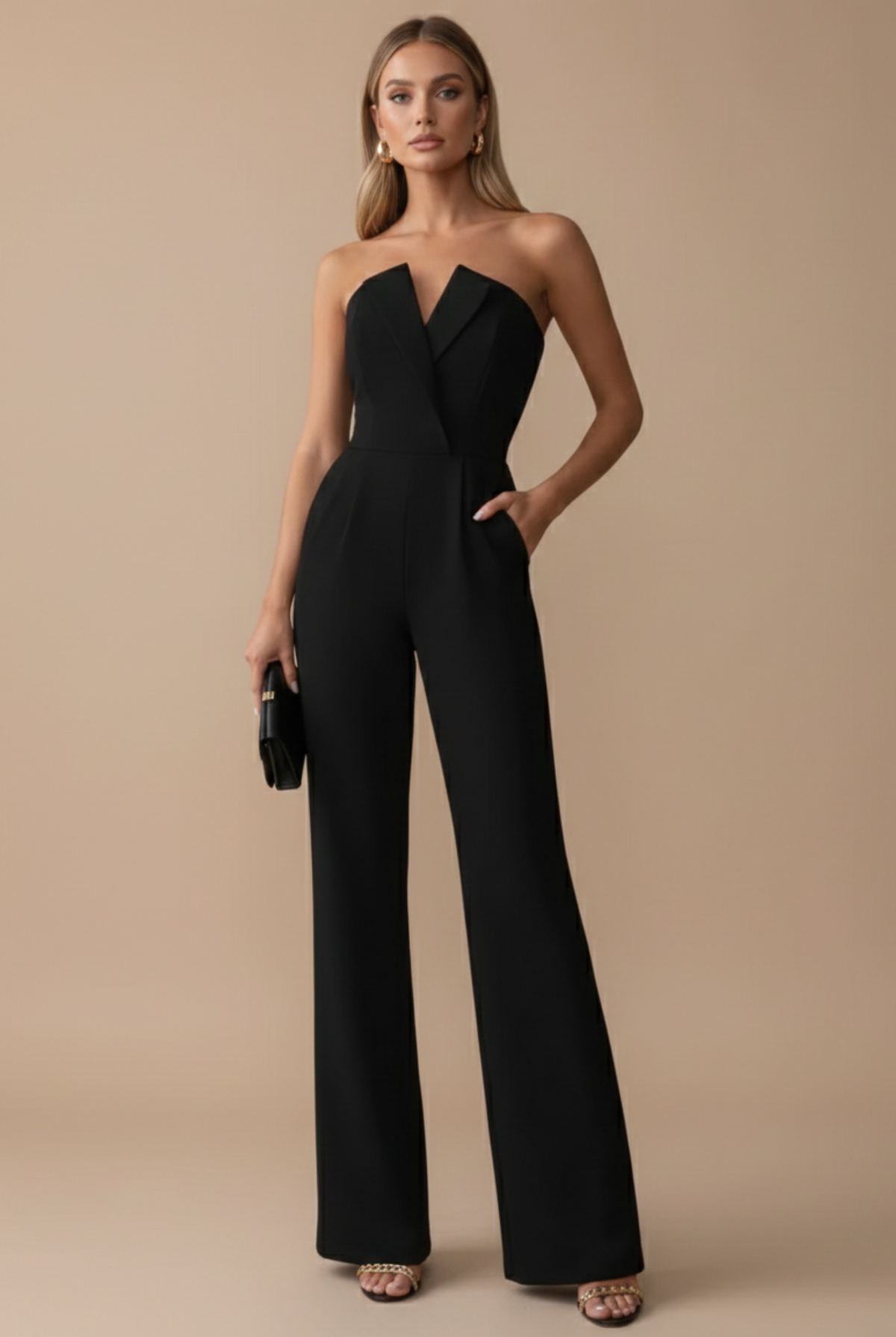 Women’s Dressy Jumpsuit Women – Strapless Wide Leg Jumpsuit with Structured V-Neck Bodice