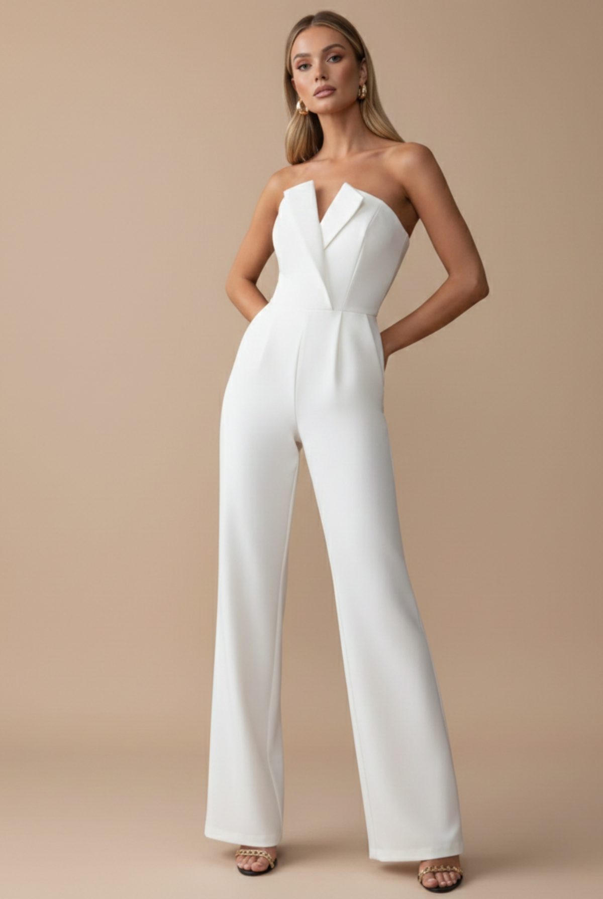 Women’s Dressy Jumpsuit Women – Strapless Wide Leg Jumpsuit with Structured V-Neck Bodice
