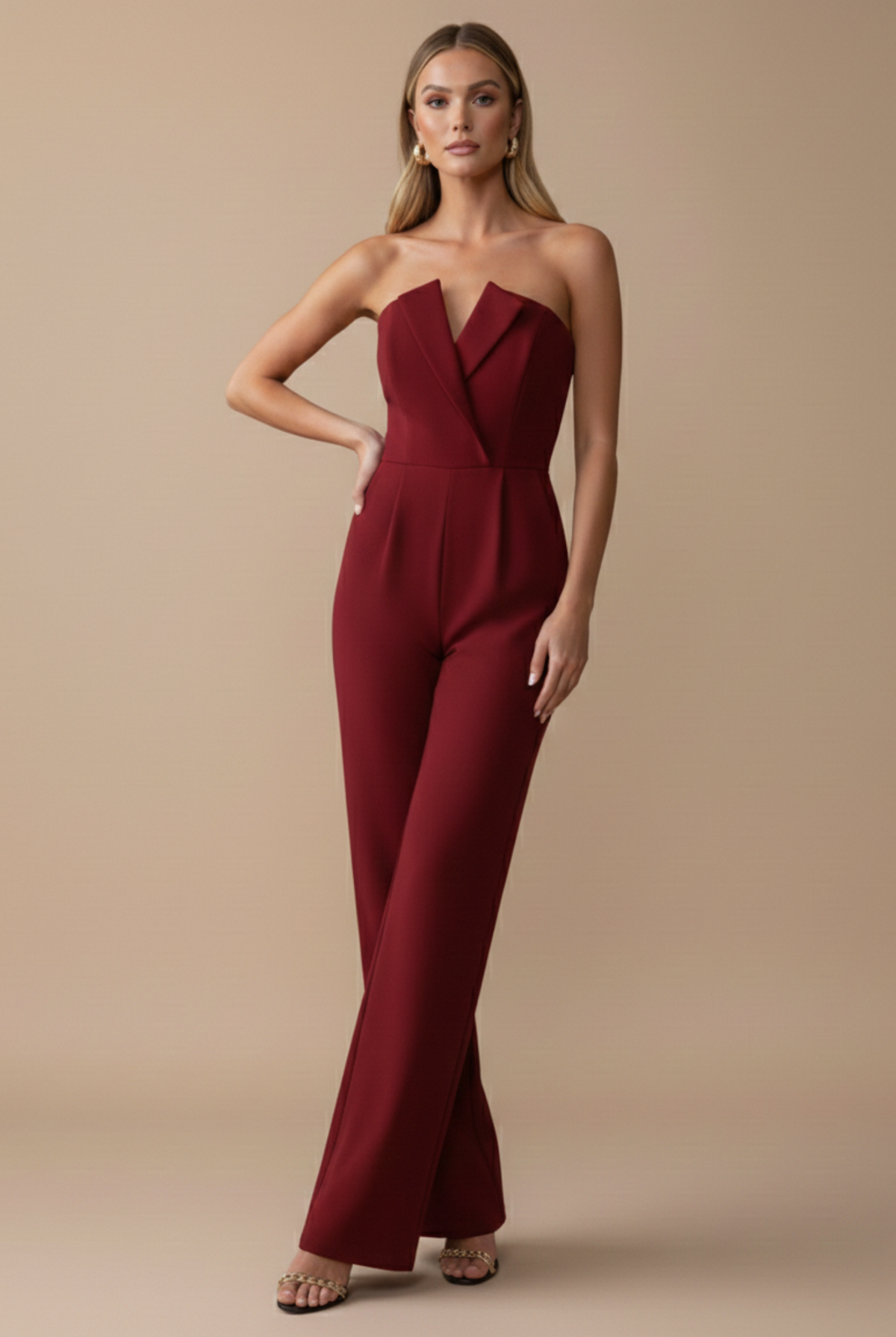 Women’s Dressy Jumpsuit Women – Strapless Wide Leg Jumpsuit with Structured V-Neck Bodice