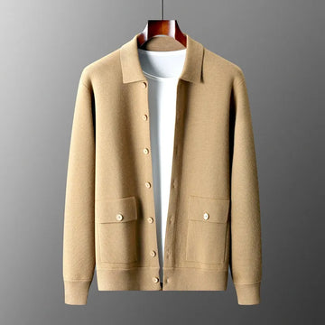 Men's Wool Cardigan - Button-Up Collar Long Sleeve