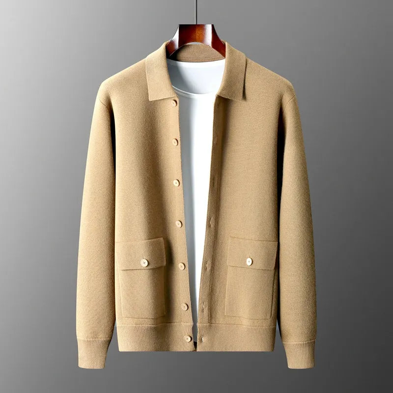 Men's Wool Cardigan - Button-Up Collar Long Sleeve