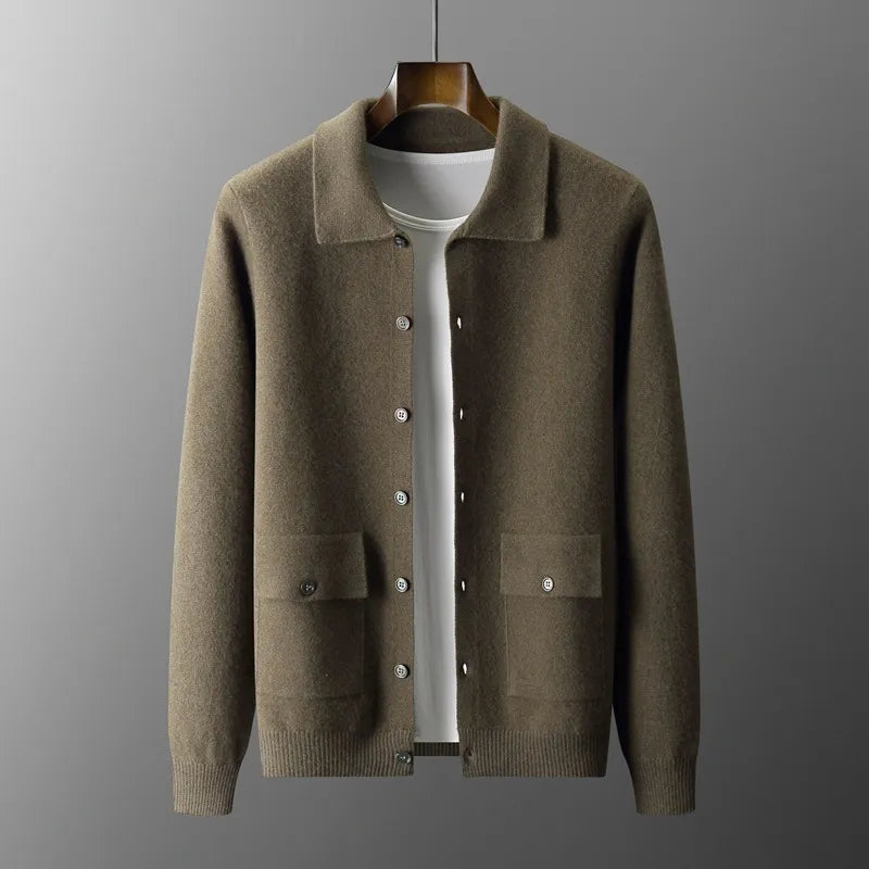 Men's Wool Cardigan - Button-Up Collar Long Sleeve
