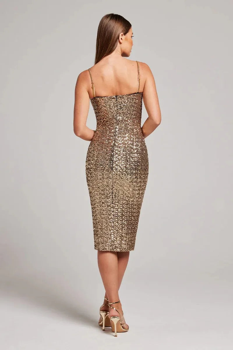 Women's Gold Sequin Midi Dress - Sweetheart Neck Chain Strap Bodycon